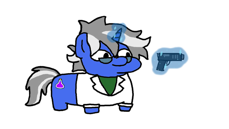 Size: 1280x720 | Tagged: safe, derpibooru import, oc, oc:weird science, unicorn, clothes, glasses, gun, image, lab coat, magic, png, squatpony, weapon