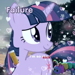 Size: 640x640 | Tagged: artist needed, semi-grimdark, derpibooru import, edit, editor:bpdtraumacore, twilight sparkle, caterpillar, pony, unicorn, cutie mark, female, g4, heart, icon, image, pills, png, solo, text, trauma, traumacore, unicorn twilight