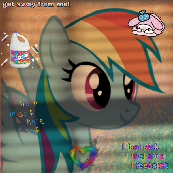 Size: 1080x1080 | Tagged: artist needed, grimdark, derpibooru import, edit, editor:bpdtraumacore, rainbow dash, pegasus, pony, bleach, clorox, cutie mark, female, heart, i feel sick, i hate myself, icon, image, my melody, pills, png, sanrio, text, trauma, traumacore, weird