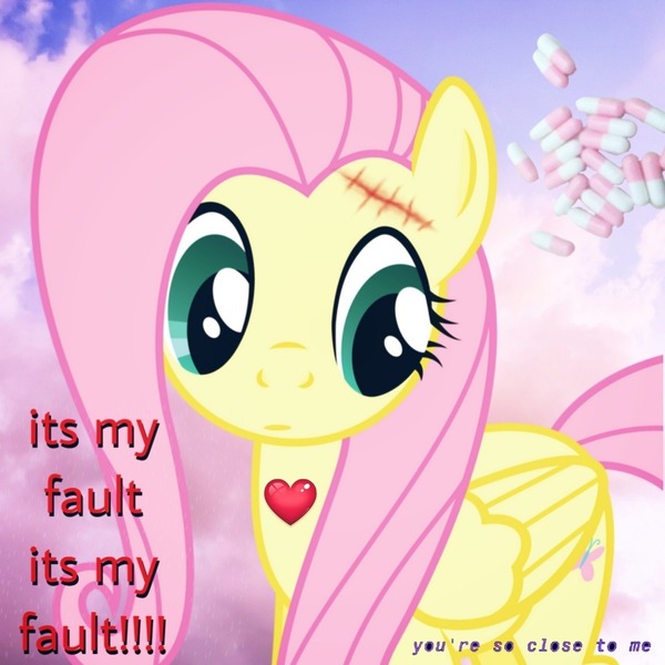 Size: 1080x1080 | Tagged: artist needed, semi-grimdark, derpibooru import, edit, editor:bpdtraumacore, fluttershy, pegasus, pony, cloud, female, heart, icon, image, jpeg, pills, scar, sky, solo, text, trauma, traumacore