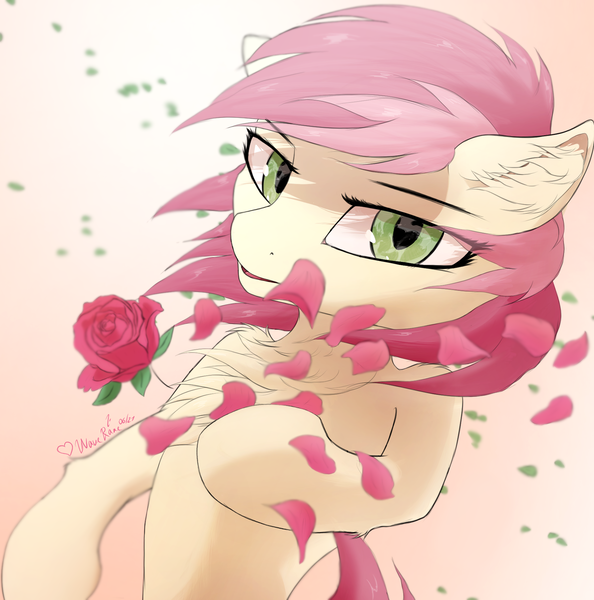 Size: 1741x1760 | Tagged: safe, artist:waverane, derpibooru import, roseluck, chest fluff, ear fluff, flower, green eyes, image, petals, png, rose