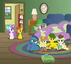 Size: 3000x2696 | Tagged: safe, artist:aleximusprime, derpibooru import, granny smith, pound cake, princess flurry heart, pumpkin cake, spike, oc, oc:annie smith, oc:apple chip, oc:storm streak, alicorn, dragon, earth pony, pegasus, pony, unicorn, flurry heart's story, adult, adult spike, apple family, apple family memories, bow, chubby, colt, controller, cords, couch, dexterous hooves, end table, fat spike, female, filly, flower, game cartridge, game console, image, indoors, interior, jpeg, lamp, lying down, male, offspring, older, older flurry heart, older pound cake, older pumpkin cake, older spike, parent:applejack, parent:oc:thunderhead, parent:rainbow dash, parent:tex, parents:canon x oc, parents:texjack, plates, playing video games, portait, rug, sitting, vase, video game, winged spike