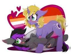 Size: 1600x1200 | Tagged: safe, artist:willoillo, derpibooru import, oc, oc:candlelight sonata, oc:willowisp, unofficial characters only, bat pony, pony, unicorn, bat pony oc, bat wings, blushing, female, horn, image, lesbian, png, pride flag, unicorn oc, wings