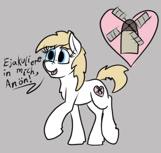 Size: 524x498 | Tagged: questionable, artist:thebathwaterhero, ponybooru import, oc, oc:aryanne, unofficial characters only, earth pony, pony, blonde, blonde mane, blonde tail, blue eyes, chest fluff, creampie request, cutie mark, dialogue, earth pony oc, female, german, grammar error, gray background, heart, image, mare, open mouth, png, raised hoof, raised leg, simple background, smiling, solo, solo female, swastika, white coat, windmill of friendship