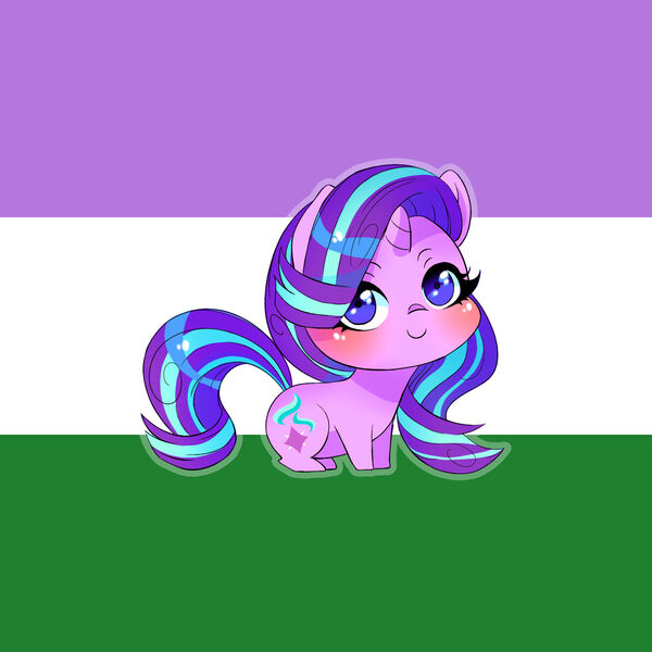 Size: 1920x1920 | Tagged: safe, artist:wilvarin-liadon, derpibooru import, starlight glimmer, pony, unicorn, chibi, genderqueer, image, jpeg, pride flag, smiling, solo