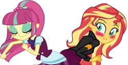 Size: 1409x720 | Tagged: safe, artist:gmaplay, derpibooru import, sour sweet, sunset shimmer, blushing, butt touch, female, image, lesbian, png, shipping, sourshimmer