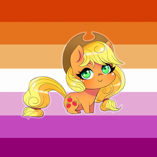 Size: 1920x1920 | Tagged: safe, artist:wilvarin-liadon, derpibooru import, applejack, earth pony, pony, applejack's hat, blushing, chibi, cowboy hat, cute, hat, image, jackabetes, jpeg, lesbian pride flag, pride, pride flag