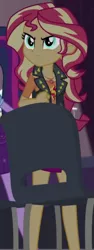 Size: 405x1080 | Tagged: safe, derpibooru import, screencap, sci-twi, sunset shimmer, twilight sparkle, cheer you on, equestria girls, equestria girls series, spoiler:eqg series (season 2), >:), clothes, cropped, geode of empathy, image, jewelry, leather vest, magical geodes, necklace, png, shoulderless shirt, skirt