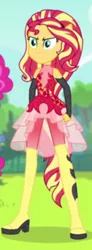 Size: 350x947 | Tagged: safe, derpibooru import, screencap, pinkie pie, sunset shimmer, cheer you on, equestria girls, equestria girls series, spoiler:eqg series (season 2), >:), boots, clothes, cropped, fingerless gloves, gloves, image, offscreen character, offscreen human, png, pony ears, shoes, sleeveless, solo, spiked hairband