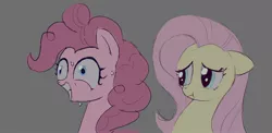 Size: 2000x976 | Tagged: safe, artist:mandumustbasukanemen, derpibooru import, fluttershy, pinkie pie, concerned, crazy face, crazy smile, duo, faic, floppy ears, image, jpeg, pressure, scared, simple background, sweat