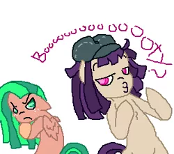 Size: 307x271 | Tagged: safe, artist:hollllow, derpibooru import, oc, unofficial characters only, earth pony, pegasus, pony, 1000 hours in ms paint, bipedal, crossed arms, duckface, duo, earth pony oc, female, freckles, frown, hat, image, mare, pegasus oc, png, simple background, unamused, white background, wings