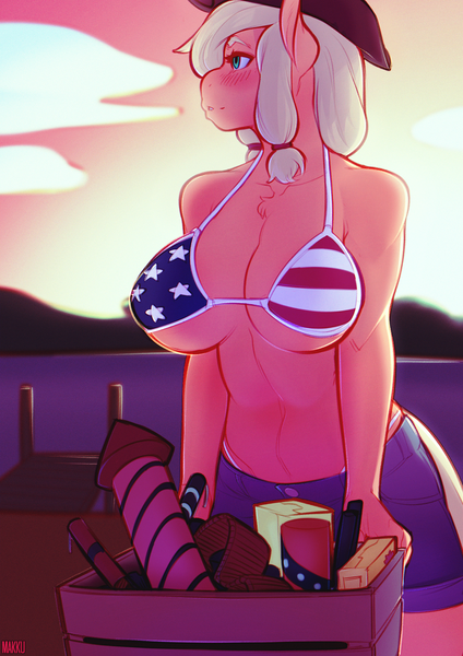 Size: 2480x3507 | Tagged: suggestive, artist:makku, derpibooru import, paywalled source, applejack, anthro, earth pony, 4th of july, absolute cleavage, american flag, american independence day, amerijack, art pack, belly button, bikini, bikini top, blushing, bra, breasts, busty applejack, cleavage, clothes, daisy dukes, female, fireworks, flag, flag bikini, holiday, image, independence day, outdoors, png, shorts, sky, solo, solo female, swimsuit, underwear, united states