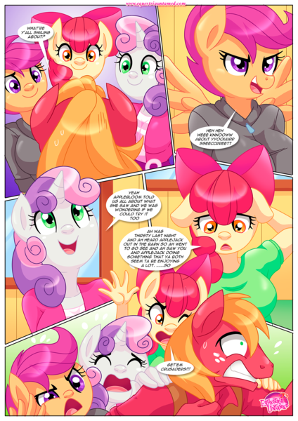 Size: 1200x1697 | Tagged: questionable, artist:bbmbbf, apple bloom, big macintosh, scootaloo, sweetie belle, anthro, earth pony, unicorn, comic:applejack's secret is out!, equestria untamed, applecest, breasts, busty scootaloo, clubhouse, comic, crusaders clubhouse, cutie mark crusaders, dialogue, equestria girls outfit, female, image, incest, macbloom, male, palcomix, png, scootamac, shipping, straight, sweetiemac
