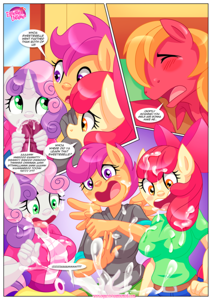 Size: 1200x1697 | Tagged: explicit, artist:bbmbbf, apple bloom, big macintosh, scootaloo, sweetie belle, anthro, earth pony, pegasus, unicorn, comic:applejack's secret is out!, equestria untamed, applecest, breasts, busty apple bloom, busty scootaloo, busty sweetie belle, clothed sex, clothes, clubhouse, comic, crusaders clubhouse, cum, cum on clothes, cutie mark crusaders, dialogue, equestria girls outfit, female, horsecock, image, incest, macbloom, male, nudity, oral, palcomix, penis, png, scootamac, sex, shipping, straight, sweetiemac
