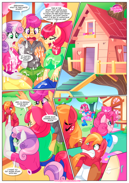 Size: 1200x1697 | Tagged: explicit, artist:bbmbbf, apple bloom, big macintosh, pinkie pie, scootaloo, sweetie belle, anthro, earth pony, pegasus, unicorn, comic:applejack's secret is out!, equestria untamed, applecest, breasts, busty apple bloom, busty pinkie pie, busty sweetie belle, clothes, clubhouse, comic, crusaders clubhouse, cum, cum on clothes, cutie mark crusaders, dialogue, equestria girls outfit, female, image, incest, macbloom, male, palcomix, png, running, scootamac, shipping, straight, sweetiemac