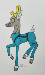 Size: 1861x3099 | Tagged: safe, artist:agdapl, derpibooru import, deer, antlers, clothes, crossover, deerified, gas mask, image, jpeg, male, mask, pyro, raised hoof, signature, solo, species swap, team fortress 2, traditional art