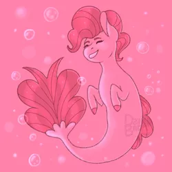 Size: 1200x1200 | Tagged: safe, artist:dzikibadyl, derpibooru import, pinkie pie, earth pony, pony, seapony (g4), bubble, dorsal fin, eyes closed, female, fish tail, flowing tail, image, pink background, png, seaponified, seapony pinkie pie, simple background, smiling, solo, species swap, tail, underwater, water