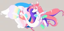 Size: 1280x632 | Tagged: safe, artist:kr-o, derpibooru import, oc, unofficial characters only, seapony (g4), adoptable, blue eyes, colored pupils, dorsal fin, female, fins, fish tail, flowing mane, flowing tail, gray background, image, jewelry, jpeg, necklace, seashell, simple background, solo, tail