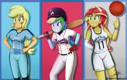 Size: 2424x1543 | Tagged: safe, artist:the-butch-x, applejack, rainbow dash, sunset shimmer, equestria girls, american football, baseball bat, baseball cap, basketball, cap, clothes, face paint, hat, image, jersey, nfl, png, sports, sports uniform