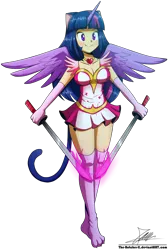 Size: 1200x1786 | Tagged: safe, artist:the-butch-x, twilight sparkle, human, breasts, cat ears, cat tail, cleavage, clothes, dual wield, horn, horned humanization, humanized, image, jewelry, magic, necklace, png, socks, sword, twilight sparkle (alicorn), weapon, winged humanization, wings