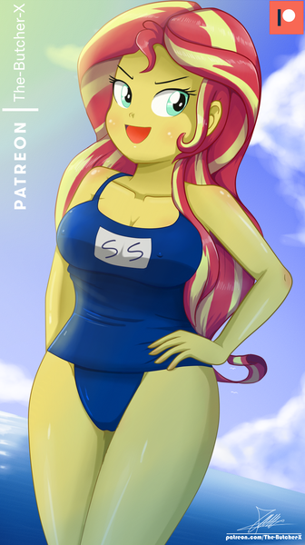 2471824 - suggestive, artist:the-butch-x, derpibooru import, sunset  shimmer, equestria girls, breasts, busty sunset shimmer, cameltoe, caption,  cleavage, clothes, cloud, erect nipples, female, image, image macro, nipple  outline, one-piece swimsuit, png