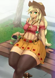 Size: 2844x4019 | Tagged: safe, artist:chigusa, edit, applejack, applebucking thighs, belly button, bench, bracelet, clothes, coffee mug, female, image, jewelry, mug, png, shoulder bag, shoulderless, skirt, solo, stockings, straw, thigh highs, tree, zettai ryouiki