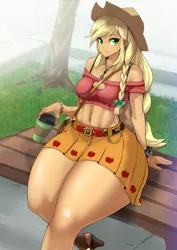 Size: 2844x4019 | Tagged: suggestive, artist:chigusa, edit, applejack, applebucking thighs, belly button, bench, bracelet, clothes, coffee mug, female, image, jewelry, mug, png, shoulder bag, shoulderless, skirt, solo, straw, tree