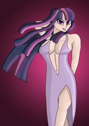 Size: 2480x3508 | Tagged: suggestive, artist:anthrodegenerate, derpibooru import, mean twilight sparkle, human, arm behind back, arm behind head, big breasts, breasts, cleavage, clothes, dress, evil grin, female, grin, high res, humanized, image, long hair, looking at you, midriff, multicolored hair, png, sexy, simple background, smiling, solo, solo female, walking towards you