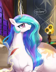 Size: 1888x2439 | Tagged: safe, artist:chigusa, princess celestia, alicorn, pony, butt, dialogue, female, flower, huge butt, image, large butt, mare, png, quill, scroll, solo, sunbutt, sunflower, vase