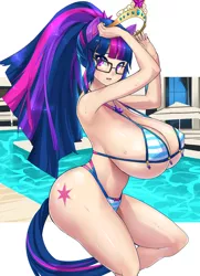 Size: 2074x2864 | Tagged: suggestive, artist:chigusa, edit, twilight sparkle, anal tail plug, big breasts, breasts, busty sci-twi, butt, buttplug, female, geode of telekinesis, glasses, huge breasts, image, impossibly large breasts, magical geodes, png, sci-twibutt, sex toy, solo, solo female, striped bikini, swimming pool, twibutt, two piece swimsuit, umbrella