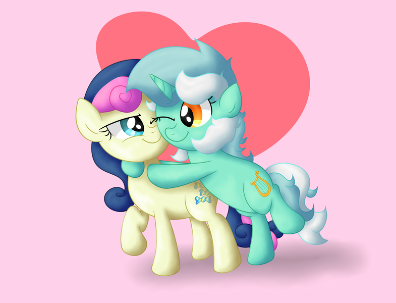 Size: 5104x3901 | Tagged: safe, artist:background basset, derpibooru import, bon bon, lyra heartstrings, sweetie drops, earth pony, pony, unicorn, bipedal, duo, duo female, female, filly, filly bon bon, filly lyra, heart, hug, image, lesbian, lyrabon, one eye closed, png, pride month, shipping, simple background, standing, standing on one leg, younger