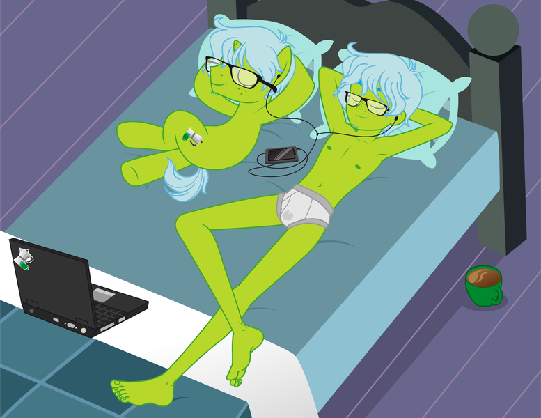 Size: 3301x2550 | Tagged: suggestive, artist:excelso36, derpibooru import, part of a set, oc, oc:excelso, unofficial characters only, pony, unicorn, equestria girls, barefoot, bed, belly button, briefs, chillaxing, clothes, computer, feet, glasses, human ponidox, image, jpeg, laptop computer, male, male feet, male nipples, males only, mobile phone, nipples, nudity, partially clothed, phone, self ponidox, stallion, underwear