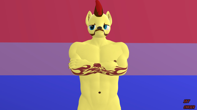 Size: 1920x1080 | Tagged: questionable, artist:sky chaser, derpibooru import, oc, oc:sky chaser, anthro, wolf, wolf pony, 3d, beard, bisexual, bisexuality, bisexual pride flag, bored, facial hair, image, male, muscles, png, pride, pride flag, solo, source filmmaker, tattoo