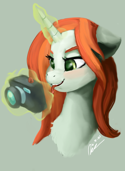 Size: 1450x1980 | Tagged: safe, artist:raphaeldavid, derpibooru import, crackle cosette, queen chrysalis, pony, atg 2021, camera, disguise, disguised changeling, image, magic, newbie artist training grounds, png, solo