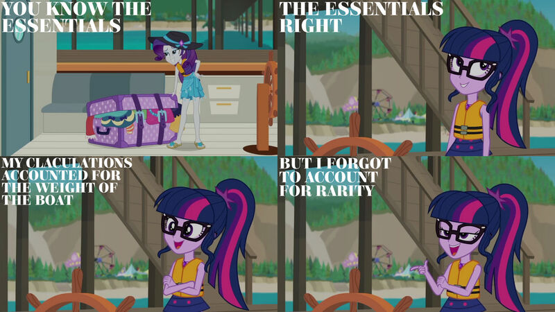 Size: 1280x720 | Tagged: safe, derpibooru import, edit, edited screencap, editor:quoterific, screencap, rarity, sci-twi, twilight sparkle, human, equestria girls, equestria girls series, the salty sails, beach, boat, clothes, crossed arms, duo, duo female, female, geode of shielding, geode of telekinesis, glasses, image, jpeg, lifejacket, magical geodes, open mouth, ponytail, ship, smiling, swimsuit