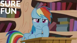 Size: 1280x720 | Tagged: safe, derpibooru import, edit, edited screencap, editor:quoterific, screencap, rainbow dash, pegasus, pony, season 4, testing testing 1-2-3, book, female, golden oak library, image, jpeg, library, mare, solo