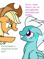 Size: 768x1024 | Tagged: safe, artist:windy breeze, derpibooru import, applejack, big macintosh, fleetfoot, earth pony, pegasus, pony, denied, dialogue, female, fleetmac, food, grin, image, implied big macintosh, implied straight, jpeg, lies, male, mare, nervous, pie, pointing, secret, shading, shipping, simple background, sitting, smiling, straight, suspicious, sweat, sweatdrop, this will not end well, yelling