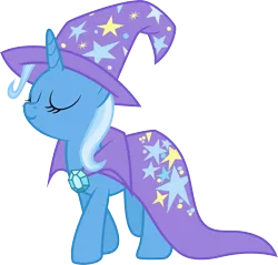 Size: 3138x3000 | Tagged: safe, artist:jeatz-axl, derpibooru import, trixie, pony, unicorn, brooch, cape, clothes, eyes closed, female, gem, hat, image, jewelry, mare, png, simple background, solo, transparent background, trixie's brooch, trixie's cape, trixie's hat, vector