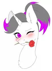 Size: 3043x4162 | Tagged: safe, artist:torihime, derpibooru import, oc, oc:hazel radiate, unofficial characters only, pony, unicorn, blushing, bust, colored, ear fluff, eyebrows, eyelashes, female, flat colors, flower, flower in mouth, high res, highlights, horn, image, jpeg, looking at you, mare, mouth hold, nostrils, one eye closed, ponytail, portrait, rose, rose in mouth, simple background, solo, unicorn oc, white background, wink, winking at you
