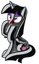 Size: 3831x6212 | Tagged: suggestive, alternate version, artist:severity-gray, derpibooru import, twilight sparkle, twilight sparkle (alicorn), alicorn, latex pony, original species, pony, rubber pony, absurd resolution, alternate hairstyle, blushing, derpibooru exclusive, eyeshadow, female, folded wings, image, latex, latex skin, latexified, lidded eyes, lip bite, makeup, mare, one hoof raised, png, rubber, shiny, show accurate, simple background, sitting, solo, squeak, squish, story included, transformation, transparent background, wings