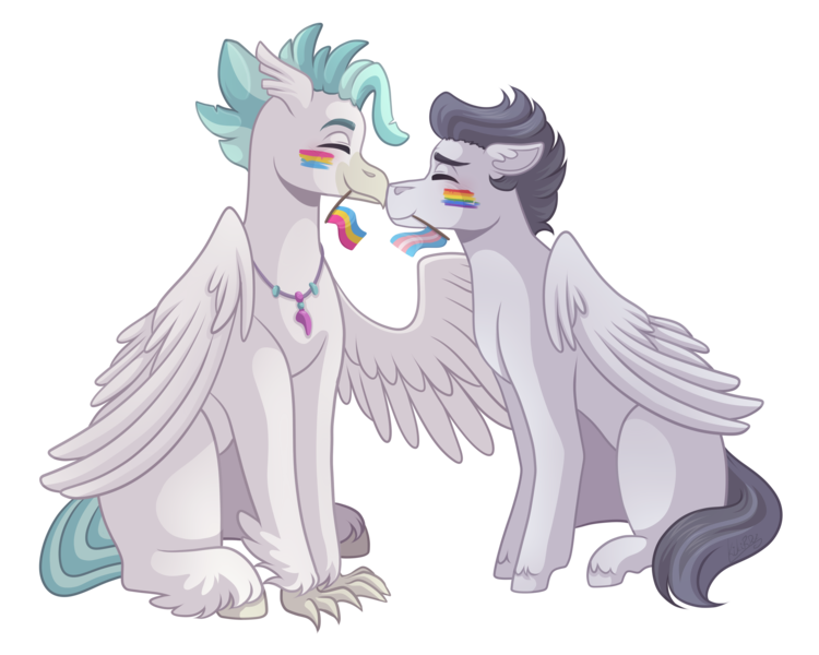 Size: 3500x2800 | Tagged: safe, artist:kikirdcz, derpibooru import, rumble, terramar, classical hippogriff, hippogriff, pegasus, pony, boop, eyes closed, gay, gay pride flag, image, male, mouth hold, mouthpiece, noseboop, older, pansexual, pansexual pride flag, png, pride, pride flag, pride month, rumblemar, shipping, simple background, sitting, trans male, transgender, transgender pride flag, transparent background