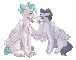 Size: 3500x2800 | Tagged: safe, artist:kikirdcz, derpibooru import, rumble, terramar, classical hippogriff, hippogriff, pegasus, pony, boop, eyes closed, gay, gay pride flag, image, male, mouth hold, mouthpiece, noseboop, older, pansexual, pansexual pride flag, png, pride, pride flag, pride month, rumblemar, shipping, simple background, sitting, trans male, transgender, transgender pride flag, transparent background