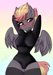 Size: 1748x2480 | Tagged: suggestive, artist:devil76, derpibooru import, oc, unofficial characters only, anthro, pegasus, ambiguous gender, blushing, clothes, gradient background, image, looking away, png, solo
