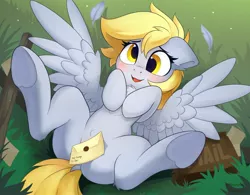 Size: 2000x1563 | Tagged: suggestive, artist:anti1mozg, artist:sofiko-ko, derpibooru import, derpy hooves, pegasus, pony, blushing, butt, censored vulva, chest fluff, collaboration, cute, dock, envelope, feather, female, floppy ears, image, jpeg, lying down, mail, mailbag, mare, on back, open mouth, plot, pubic fluff, smiling, solo, solo female, spread wings, strategically covered, underhoof, wings