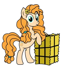 Size: 1840x2088 | Tagged: safe, artist:three uncle, derpibooru import, pear butter, earth pony, pony, bipedal, bipedal leaning, female, flower, flower in hair, hay bale, image, leaning, mare, png, pose, simple background, smiling, transparent background