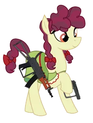 Size: 1864x2464 | Tagged: safe, alternate version, artist:three uncle, derpibooru import, hilly hooffield, earth pony, pony, the hooffields and mccolts, aks-74u, background pony, bow, clothes, female, gun, hair bow, hooffield family, image, mare, pigtails, png, pose, simple background, solo, vector, weapon