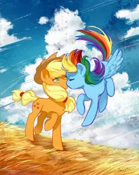 Size: 2362x2975 | Tagged: safe, artist:卯卯七, derpibooru import, applejack, rainbow dash, earth pony, pegasus, pony, anniversary, appledash, detailed background, female, flying, grass, image, jpeg, kissing, lesbian, shipping, signature, wind, windswept mane, windswept tail