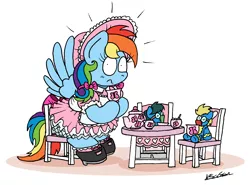 Size: 2194x1624 | Tagged: safe, artist:bobthedalek, derpibooru import, rainbow dash, pegasus, pony, bonnet, bow, caught, clothes, cup, doll, dress, image, pigtails, png, rainbow dash always dresses in style, shoes, sissy, socks, startled, tail bow, tea party, teacup, teapot, toy, wonderbolts