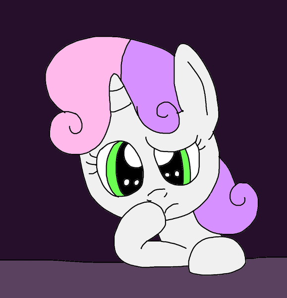 Size: 1089x1129 | Tagged: safe, artist:yorkyloves, derpibooru import, sweetie belle, pony, unicorn, confused, dreamworks face, female, filly, frown, furniture, image, png, room, table, that was fast, thinking