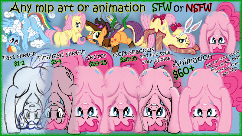 Size: 1200x675 | Tagged: suggestive, artist:fluttershyfann80085, banned from derpibooru, deleted from derpibooru, derpibooru import, applejack, fluttershy, pinkie pie, rainbow dash, earth pony, pegasus, pony, animated, butt, butt shake, commishes, commission, female, gif, image, plot, show accurate, vector, ych animation, ych example, ych nsfw pack, ych sketch, your character here